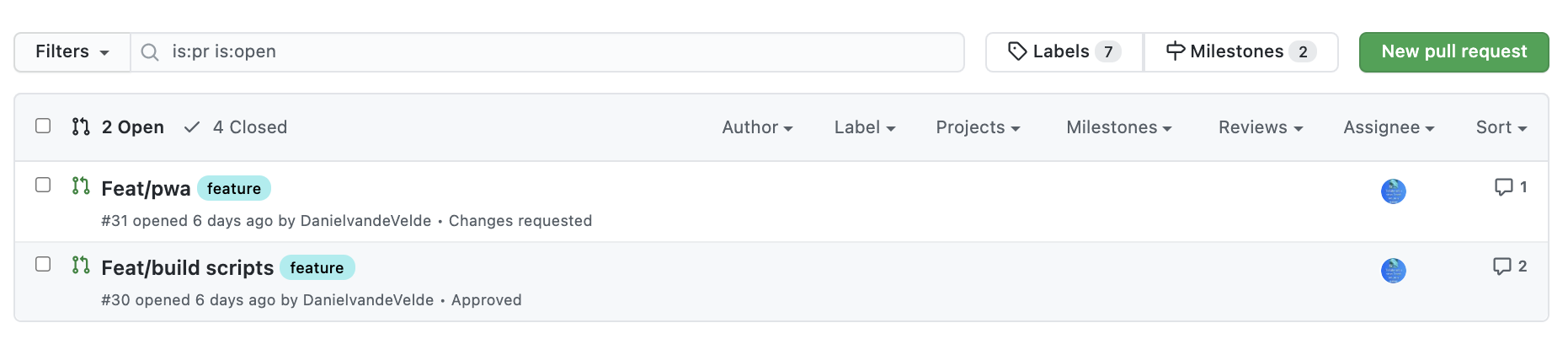 screenshot of our open pull requests